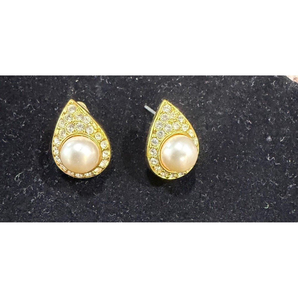 Vintage Faux Pearl Rhinestone Teardrop‎ Stud Earrings Gold Tone